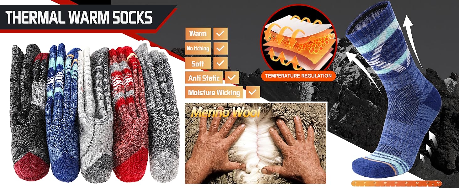 5 pairs merino wool hiking socks thermal winter warm moisture wicking cushion outdoor socks for women & men