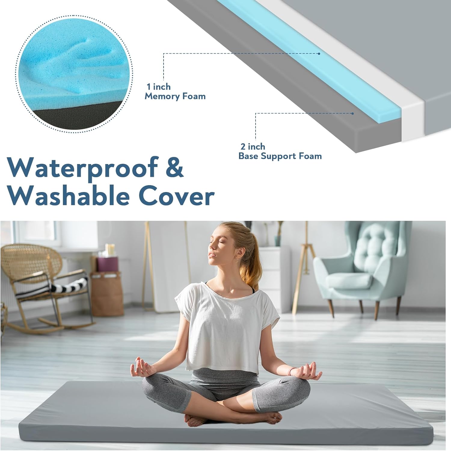 memory foam camping cot mattress pad with waterproof cover, 3 inch non slip bottom thick sleeping pad for camping