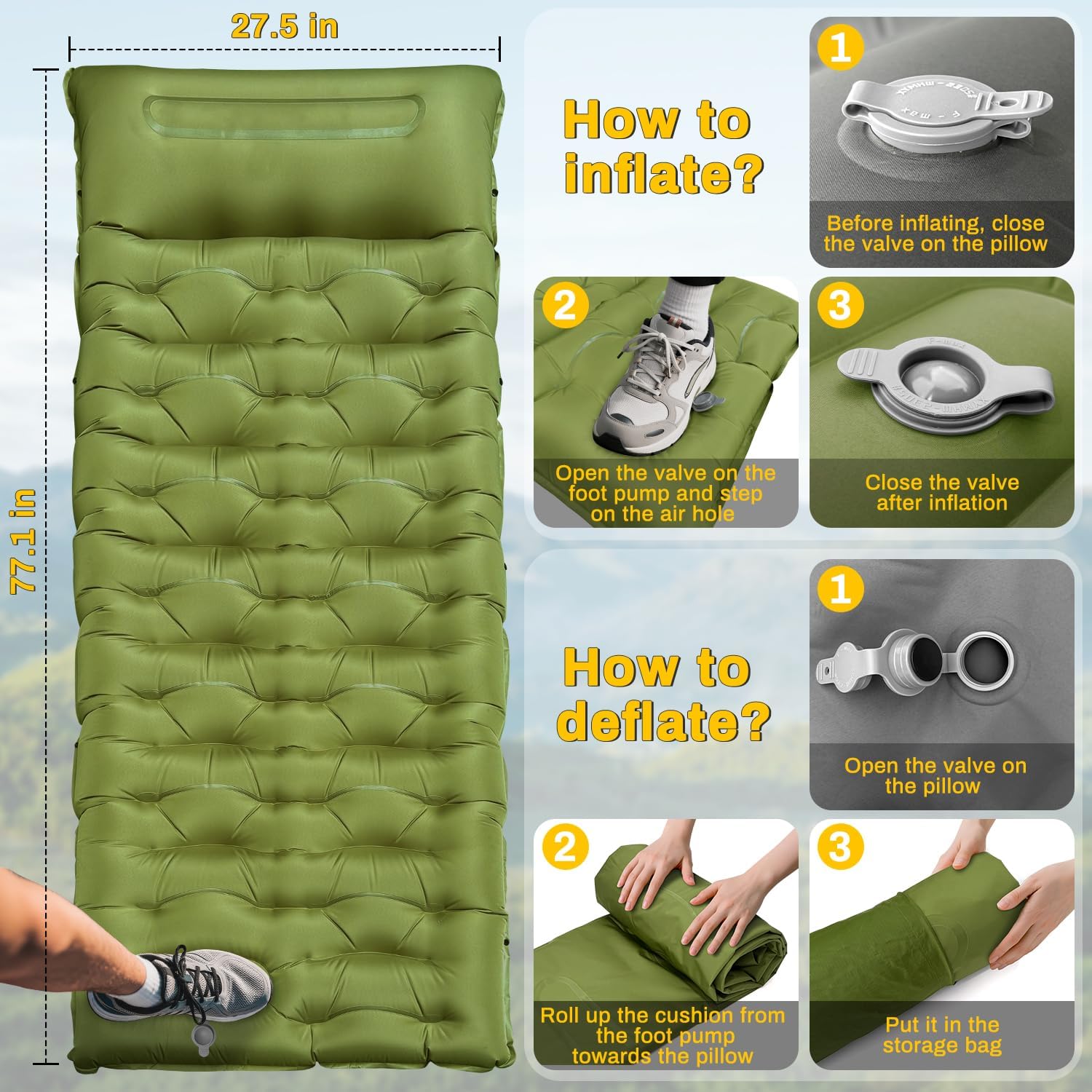 camping sleeping pad, extra thick 6 inch inflatable camping mat with pillow