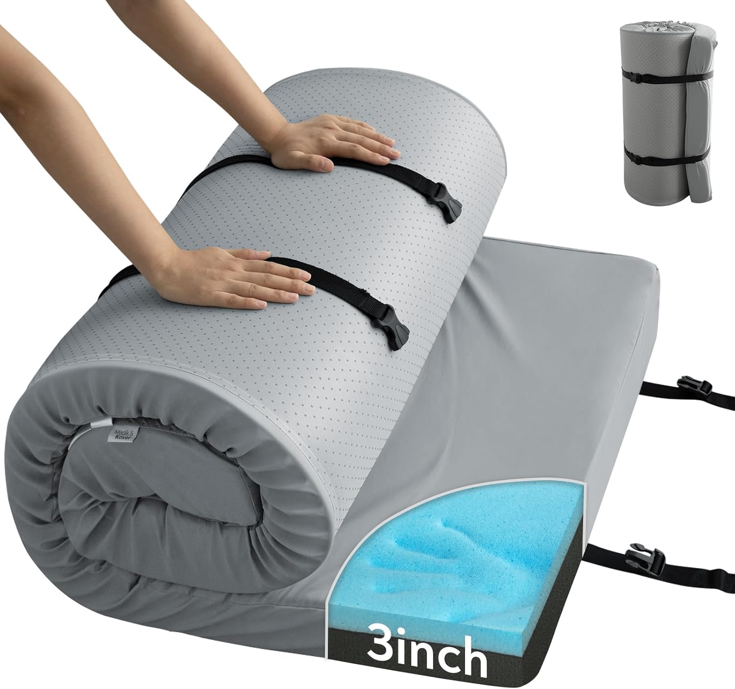 memory foam camping cot mattress pad with waterproof cover, 3 inch non slip bottom thick sleeping pad for camping