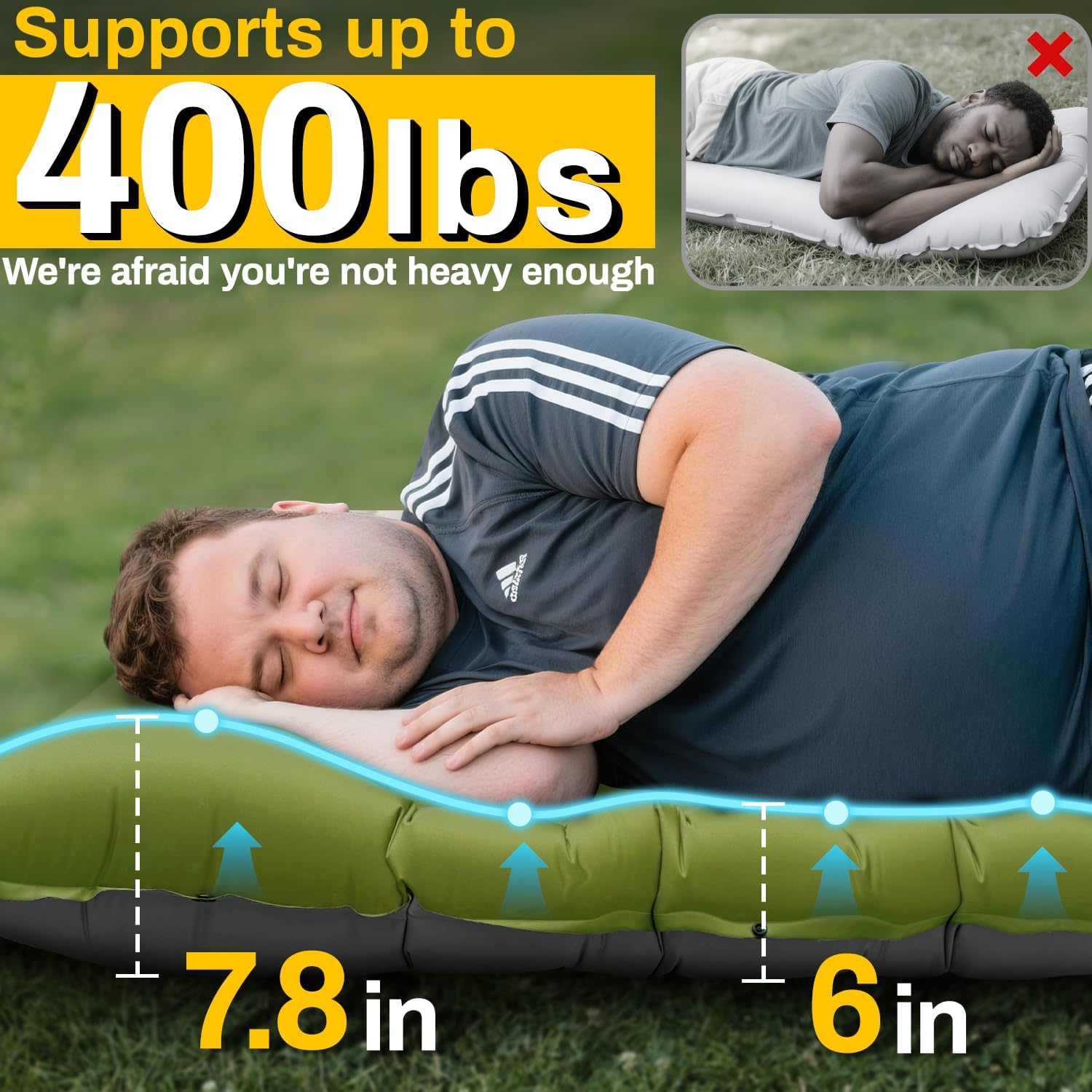 camping sleeping pad, extra thick 6 inch inflatable camping mat with pillow