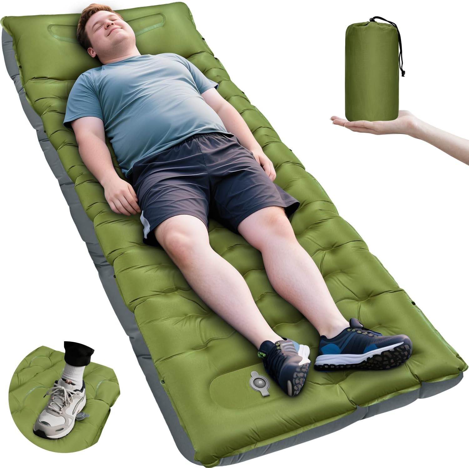 camping sleeping pad, extra thick 6 inch inflatable camping mat with pillow
