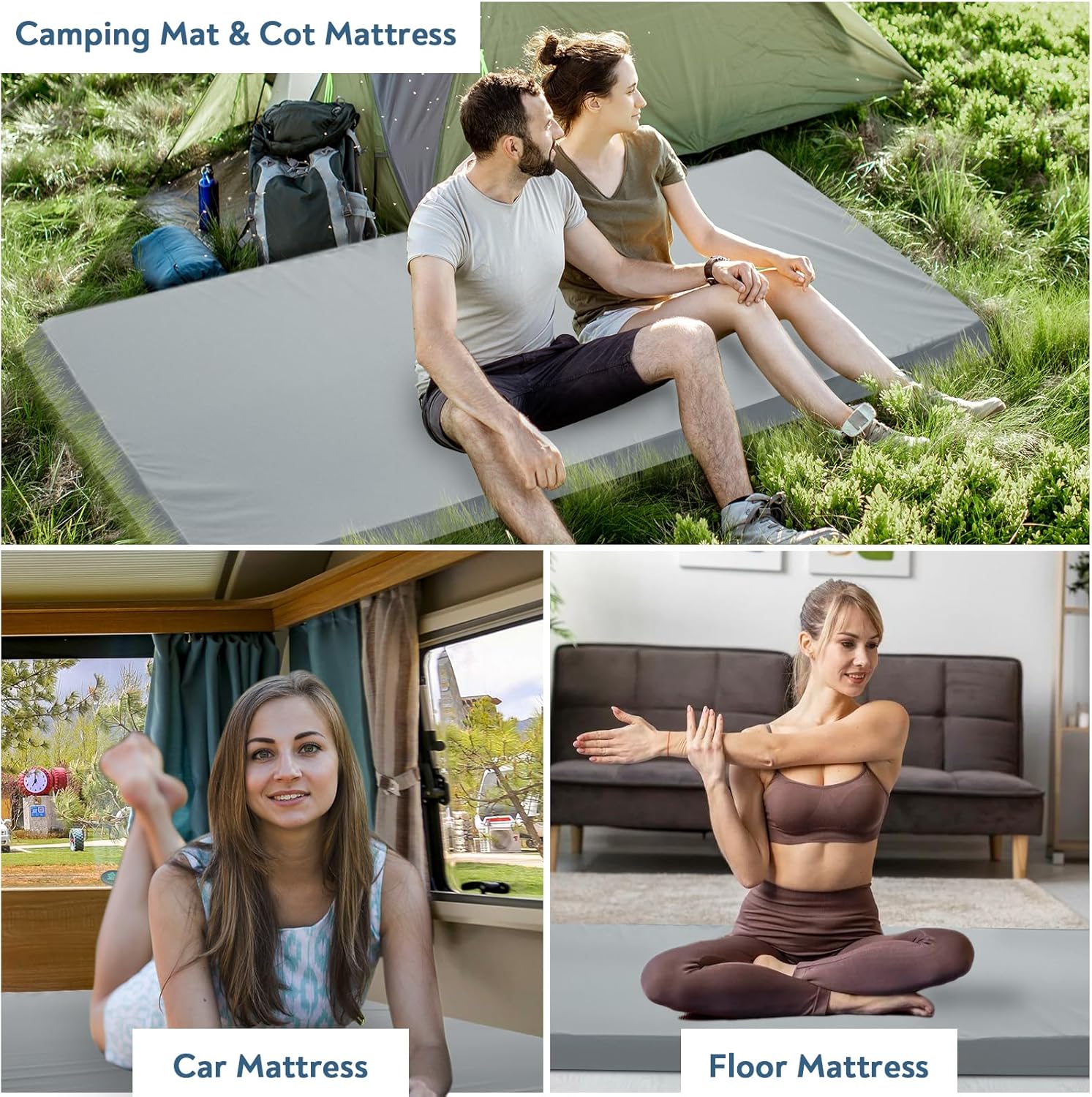 memory foam camping cot mattress pad with waterproof cover, 3 inch non slip bottom thick sleeping pad for camping