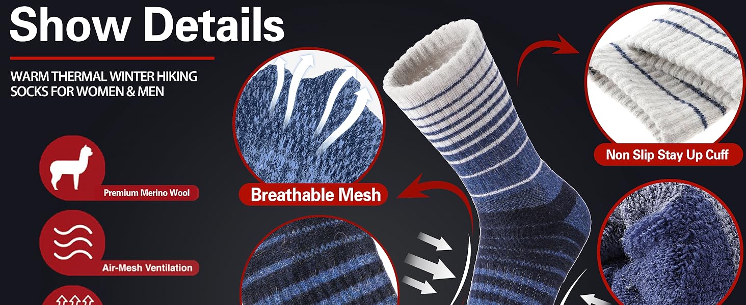 5 pairs merino wool hiking socks thermal winter warm moisture wicking cushion outdoor socks for women & men