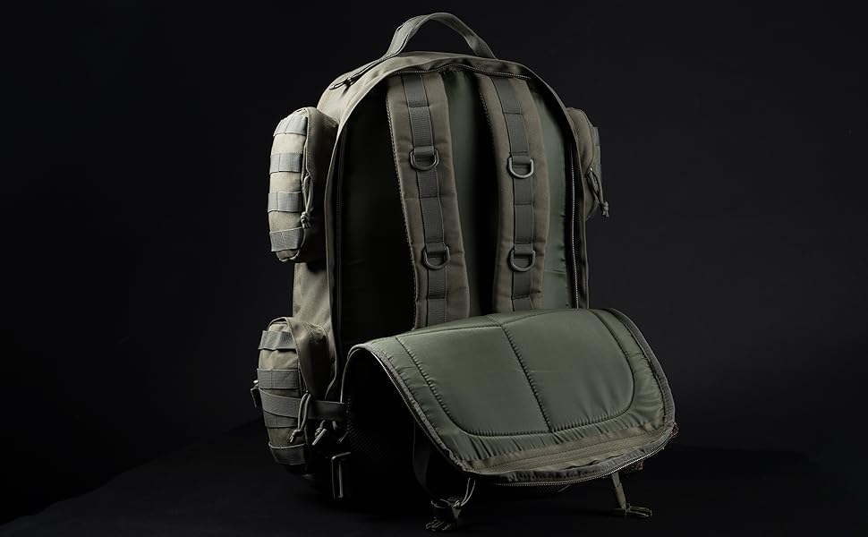 backpack bag with stowable shoulder straps for hiking, camping, traveling, bug out 58l