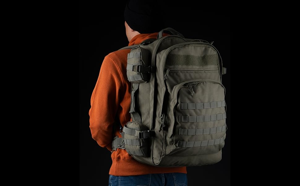 backpack bag with stowable shoulder straps for hiking, camping, traveling, bug out 58l