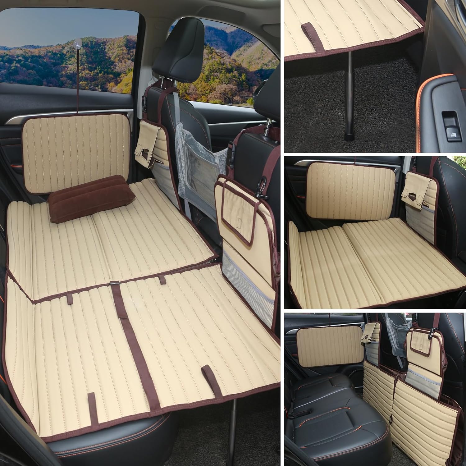 folding suv truck back seat mattress for travel, camping and large dog car seat cover (with adjustable bracket),beige white