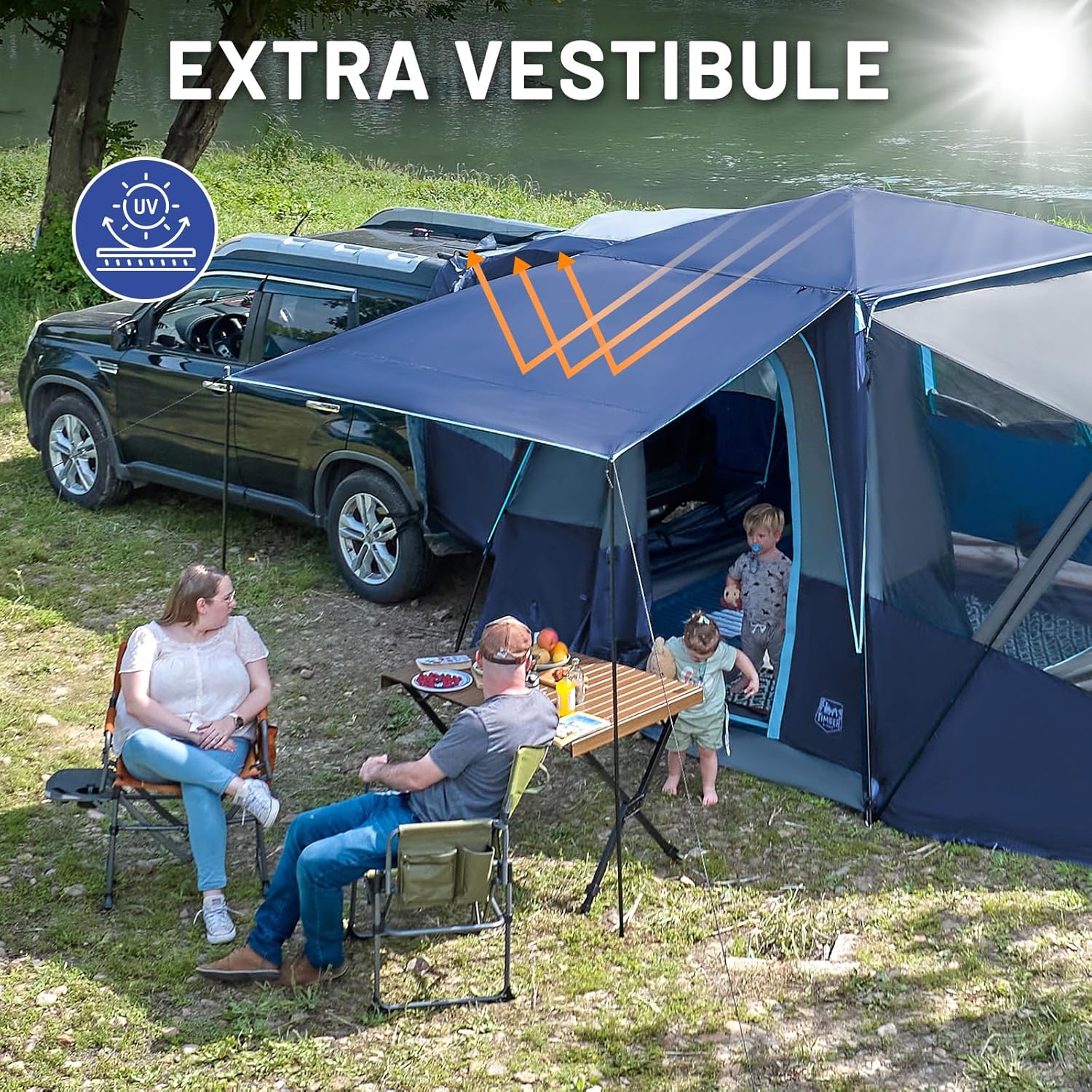 5 9 person suv tent with screen porch and awning for family camping, weather resistant and portable van or car tent, includes rainfly and storage bag, 13' w x 10' l x 7.1' h