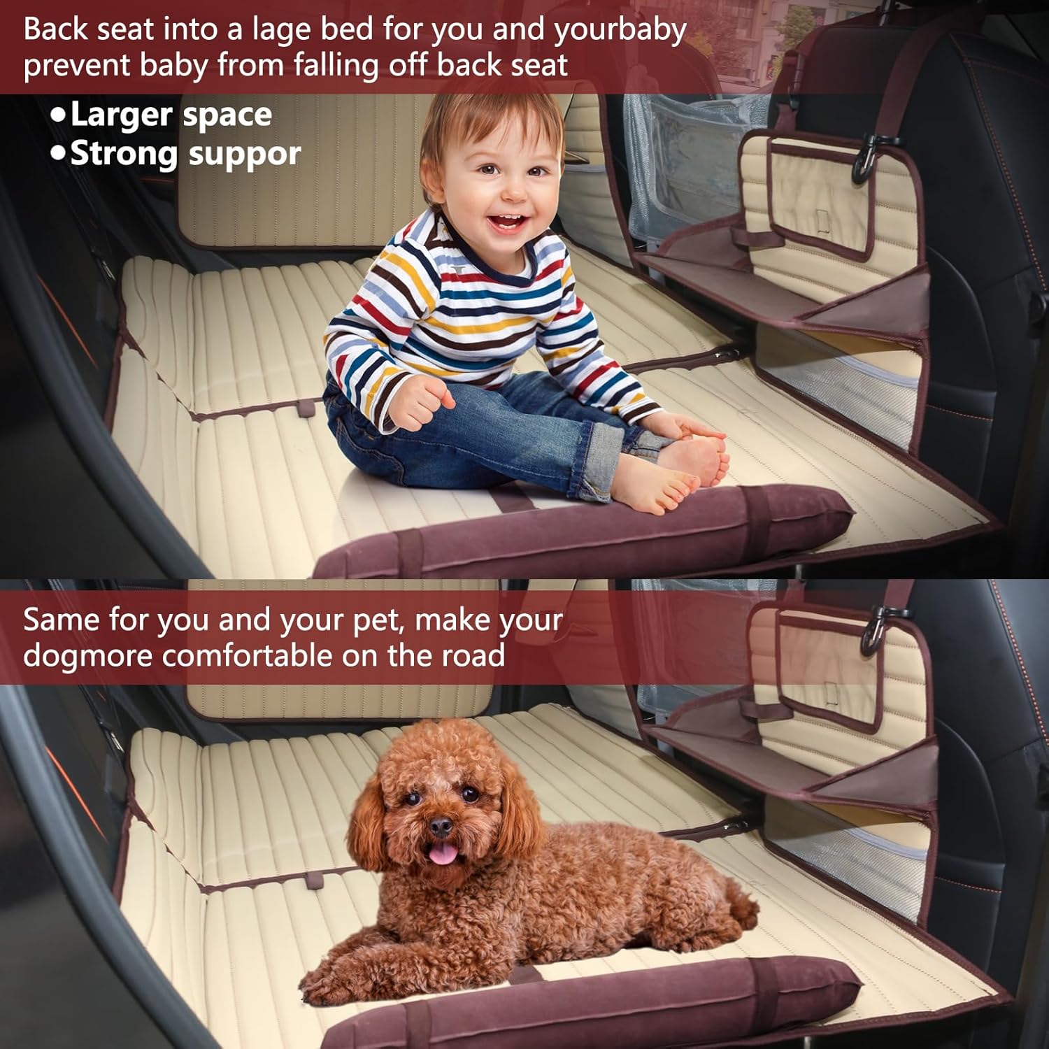 folding suv truck back seat mattress for travel, camping and large dog car seat cover (with adjustable bracket),beige white