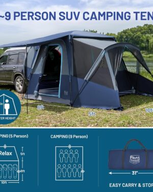 5 9 person suv tent with screen porch and awning for family camping, weather resistant and portable van or car tent, includes rainfly and storage bag, 13' w x 10' l x 7.1' h