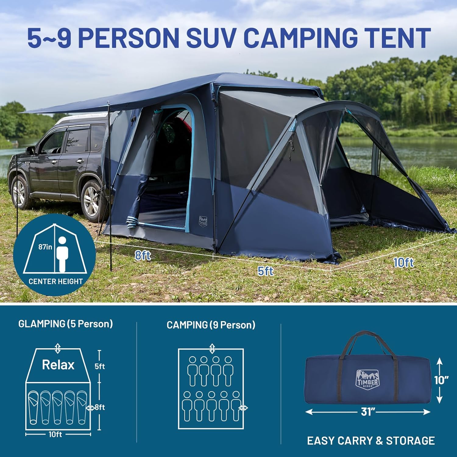 5 9 person suv tent with screen porch and awning for family camping, weather resistant and portable van or car tent, includes rainfly and storage bag, 13' w x 10' l x 7.1' h